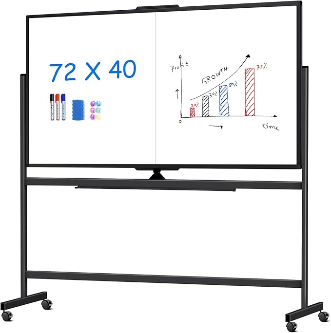 maxtek 72 x 40 Double Sided Rolling Whiteboard, Mobile Whiteboard Magnetic White Board - Large Reversible Dry Erase Board Easel Standing Board on Wheels with Stand (72 x 40 Black)