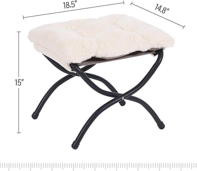 LITA Folding Upholstered Footrest Stool, Modern Small Portable Accent Ottoman with Detachable Thick Cotton Cushion Padded Sofa Stool with Metal Frame for Lazy Chair, Living Room & Bedroom, Plush Beige