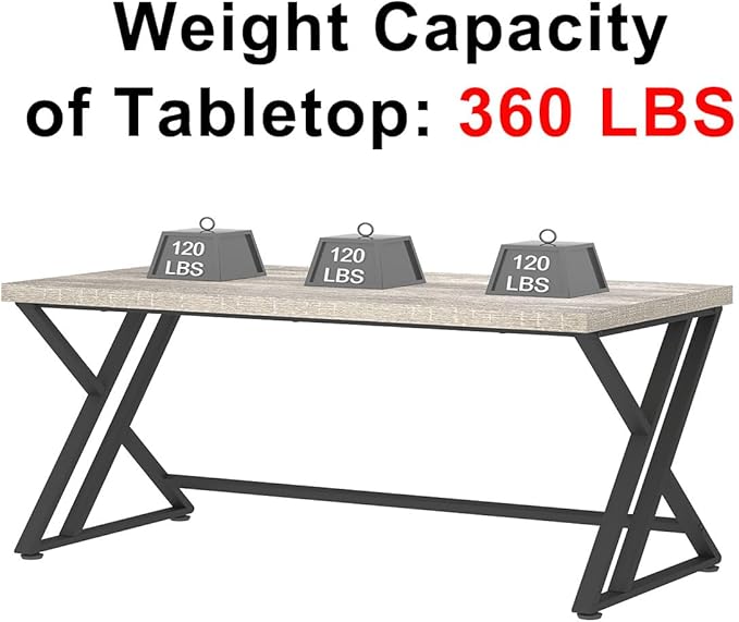 LVB Large Home Office Desk, Long Industrial Computer Desk, Metal Wood Writing Study Computer Table for Student, Big Modern Executive Simple Gaming Work Desk for Bedroom, Light Grey, 60 Inch