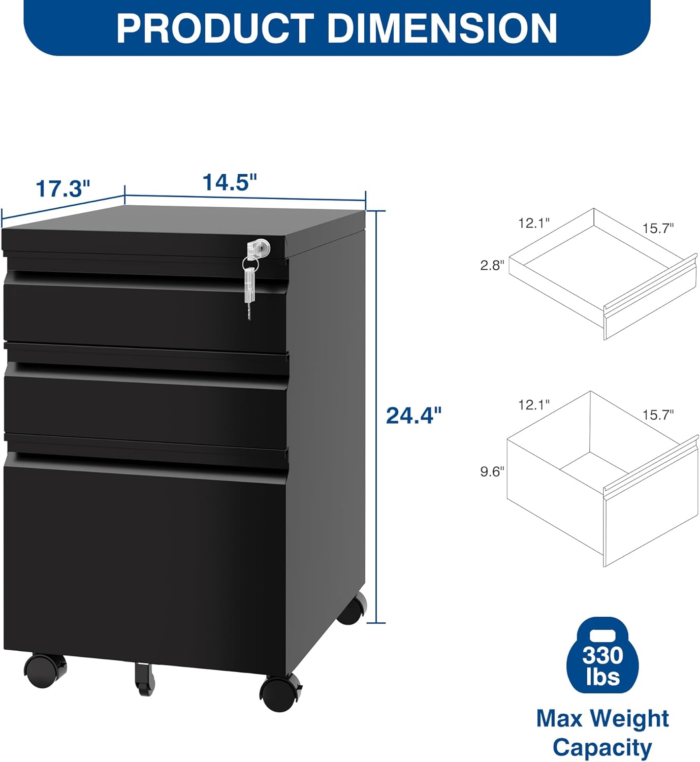 3 Drawer Mobile Metal File Cabinet, Black Filling Cabinets with Lock, Pre-Built Office Storage File Cabinet with Wheels Under Desk - Assembled Required