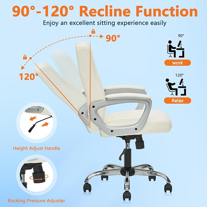 CLATINA Office Computer Desk Chair Executive Mid Back Ergonomic Managerial Chair with Lumbar Support Comfortable Adjustable PU Leather Home Office Chair Swivel, White 8PK