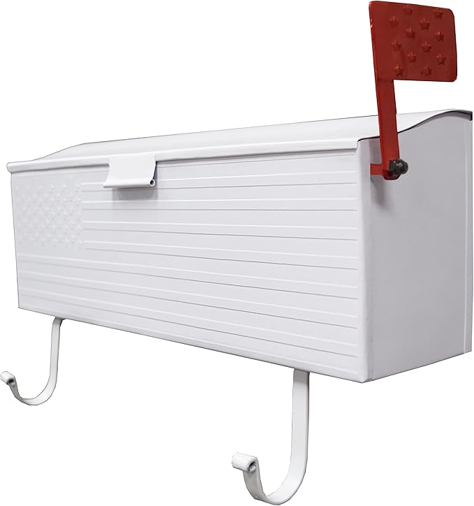 Oakland Living AZ620-WHITE White Patriotic Metal Outgoing Mail Flag and Newspaper Hangers Wall Mount Mailbox