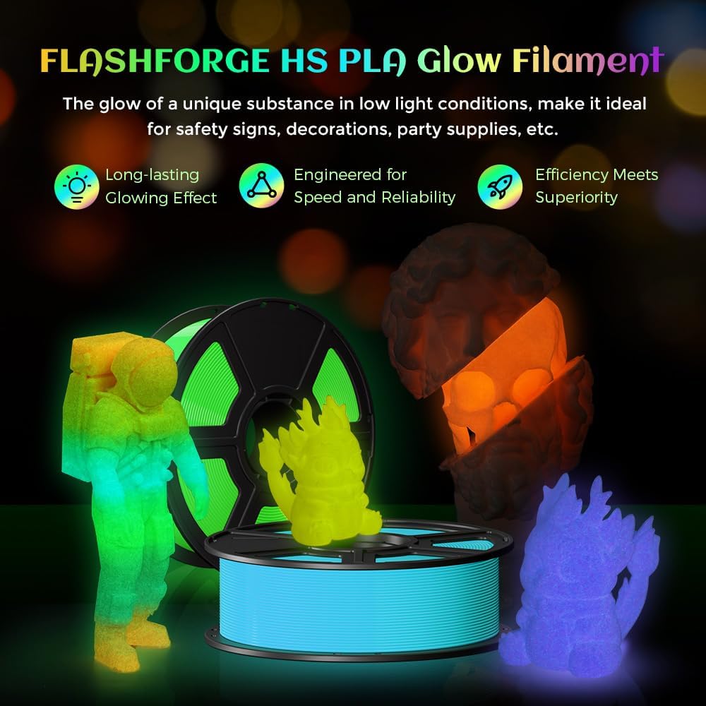 FLASHFORGE Glow in The Dark Rapid PLA Filament 1.75mm, Luminous Melody Fast Color Change Multicolored Rainbow Filament, Max 500mm/s High-Speed Printing, High Brightness and Long-lasting Glowing Effect