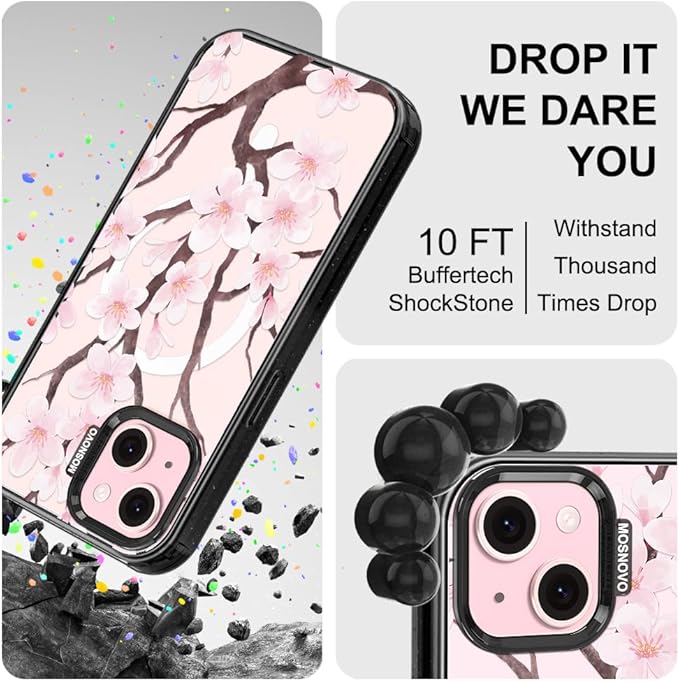 MOSNOVO Magnetic Case for iPhone 15, 10ft Military-Grade Protection, Compatible with Magsafe, Shockproof Phone Case for iPhone 15 - Cherry Blossom - Clear Black