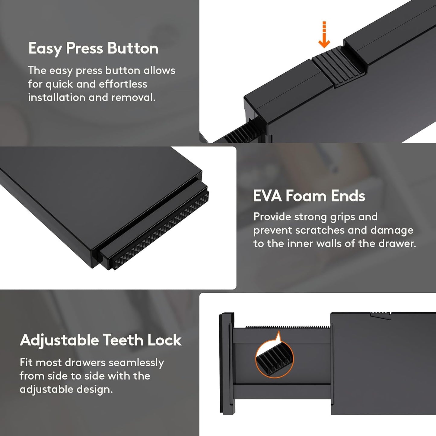 Lifewit 9 Pack Drawer Dividers 4" High, 11-17" Adjustable Drawer Organizers for Clothes, Expandable Dresser Separators in Bedroom/Bathroom/Kitchen/Fridge/Office Organization and Storage, Black