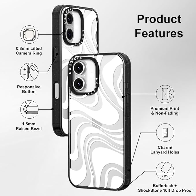 MOSNOVO Case for iPhone 16 Plus, [10ft 4X Military-Grade Drop Protection] Durable & Shockproof Phone Case Cover Design for iPhone 16 Plus - White Swirl - Clear Black