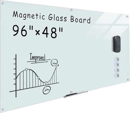 Magnetic Glass Whiteboard，96"x48" Wall Mounted Frameless Dry Erase Board for Office, Home & School White