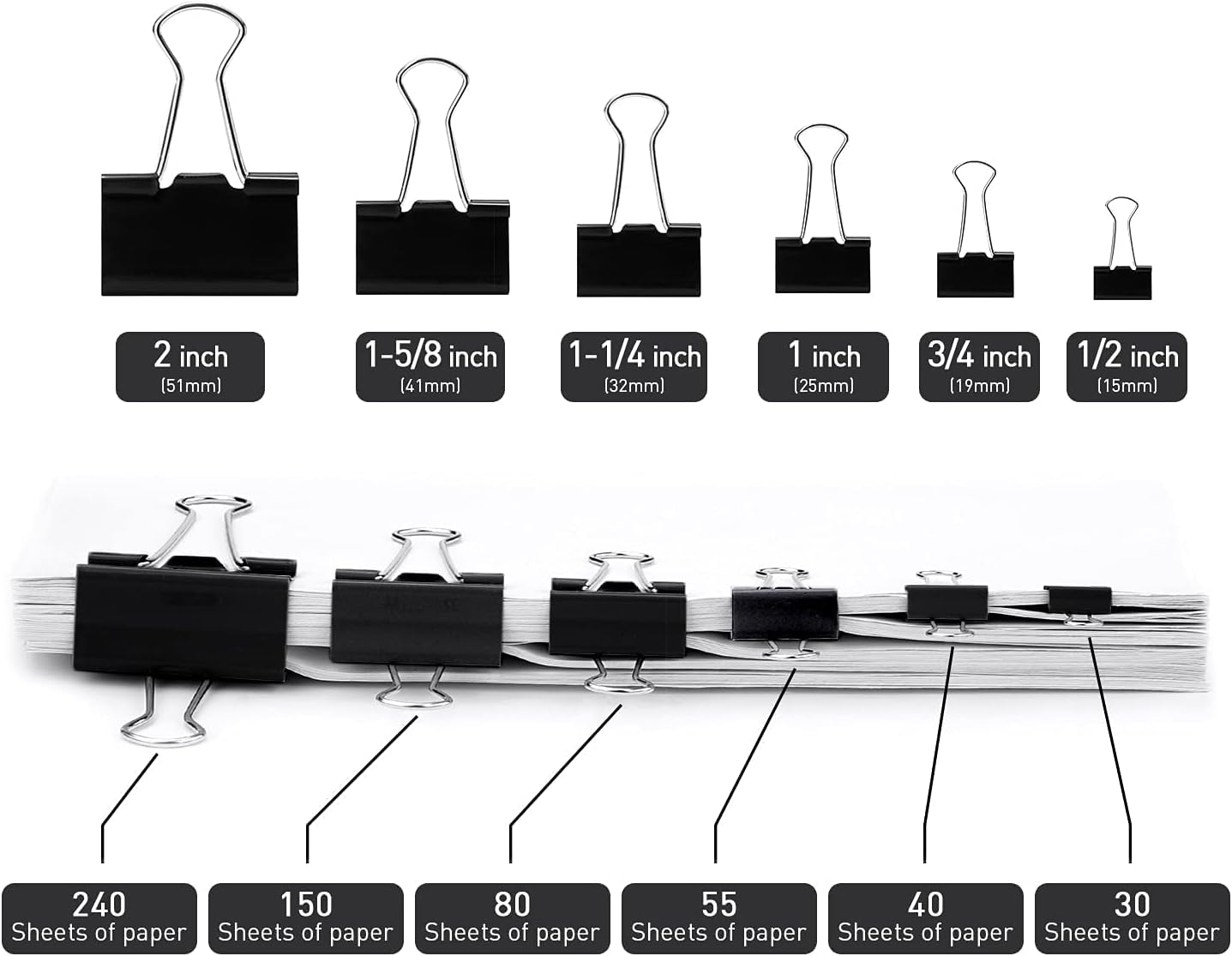 Medium Binder Clips, 144 Pack, 1 Inch, Standard 25mm, Black, Capacity 0.47 Inch, Metal Paper Clips, Fold Clamp, Office Clips, School & Home Use