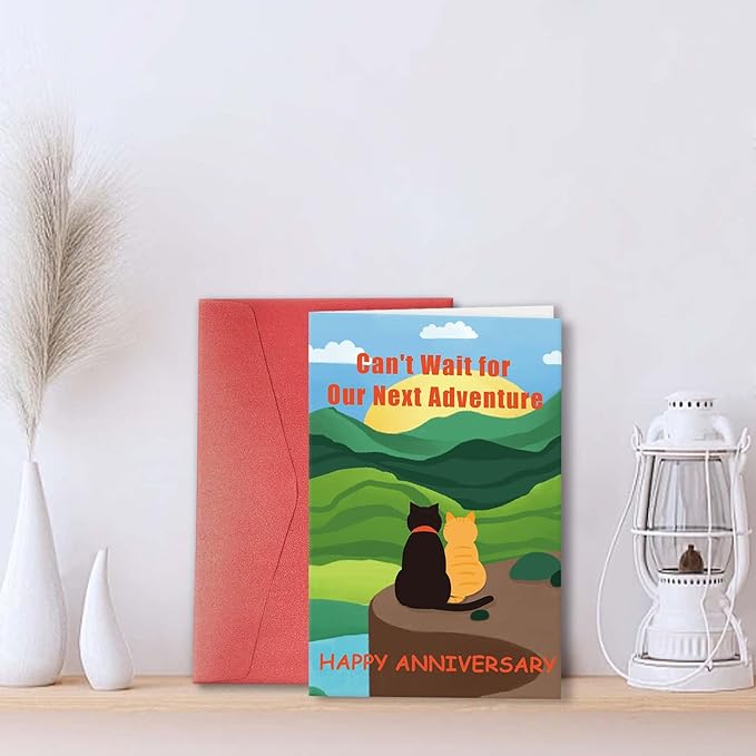 Funny Cat Anniversary Card Gift for Him Her, Happy Anniversary Card for Cat Lover, Romantic Cat Love Card for Boyfriend Girlfriend, Can't Wait for Our Next Adventure