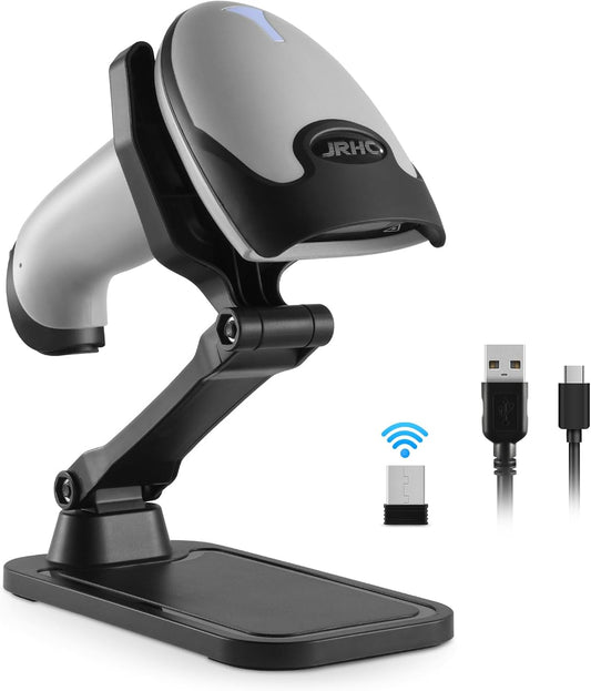 Barcode Scanner with Stand, JRHC Wireless 1D Laser Bar Code Scanners 2.4G Wireless & USB Wired Connection Plug and Play Handheld Bar Code Reader