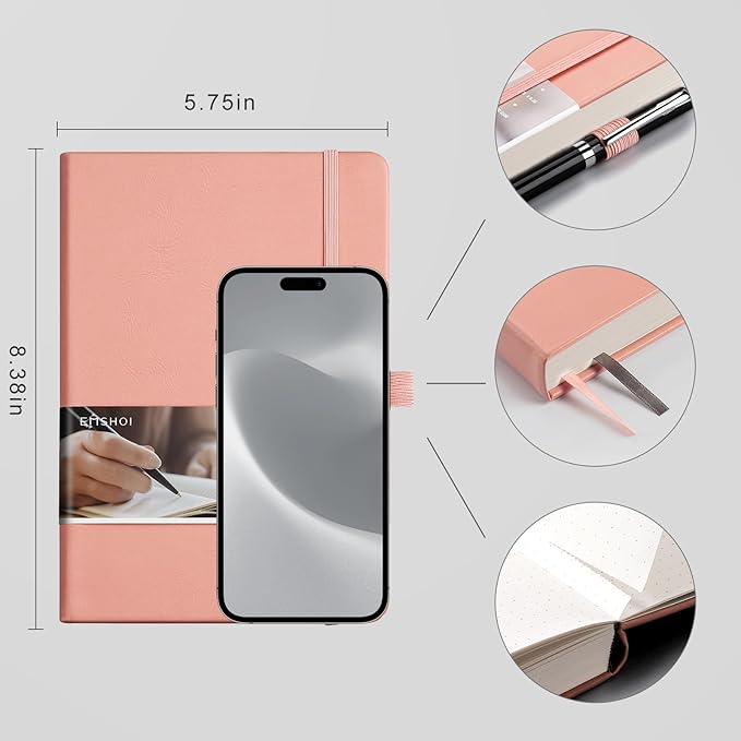 EMSHOI Dotted Notebook - 256 Pages A5 Bullet Dotted Journal, Hardcover Dot Grid Notebook, Leather Notebooks for Work, 120gsm Thick Paper,16 Perforated Pages, Inner Pocket,5.75'' × 8.38''-Pink