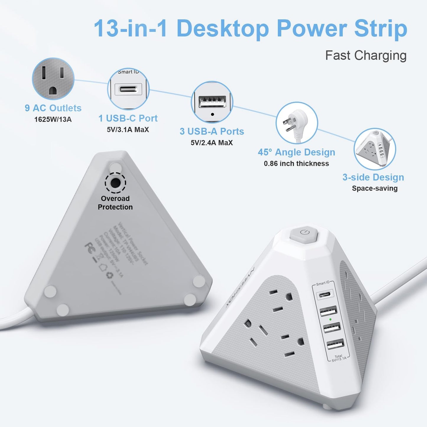 Tower Surge Protector Power Strip, NVEESHOX 9 AC Outlets with 4 USB Ports (1 USB C) 3-Side Triangle Outlets with USB Ports,6.5 Ft,Flat Plug, Charging Station with Surge Protection