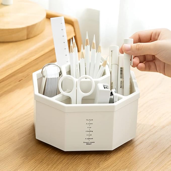 Desk Organizer, 360-Degree Rotating Multi-Functional Pen Holder, 5 Compartments Desktop Stationary Organizer, Home Office Art Supply Storage Box Caddy (White)