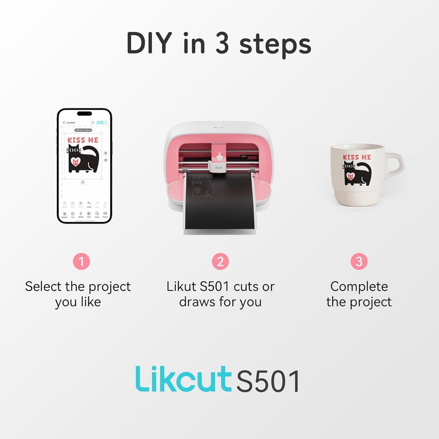 S501 Vinyl Cutter Machine with Built-in Storage, Die Cutting Machine of Multi Material Vinyl, HTV, Cardstock, Paper, Includes Cutting Mat, Black Pen, Weeding Tool, Pink