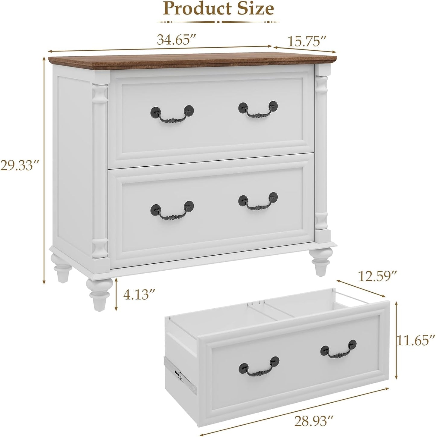 Lateral File Cabinet 2 Drawers Farmhouse File Cabinet for Letter/A4/Legal Size Hanging Files, Large Rustic White File Storage Cabinets Printer Stand with 4 Solid Wood Feet &Column Decor for Office