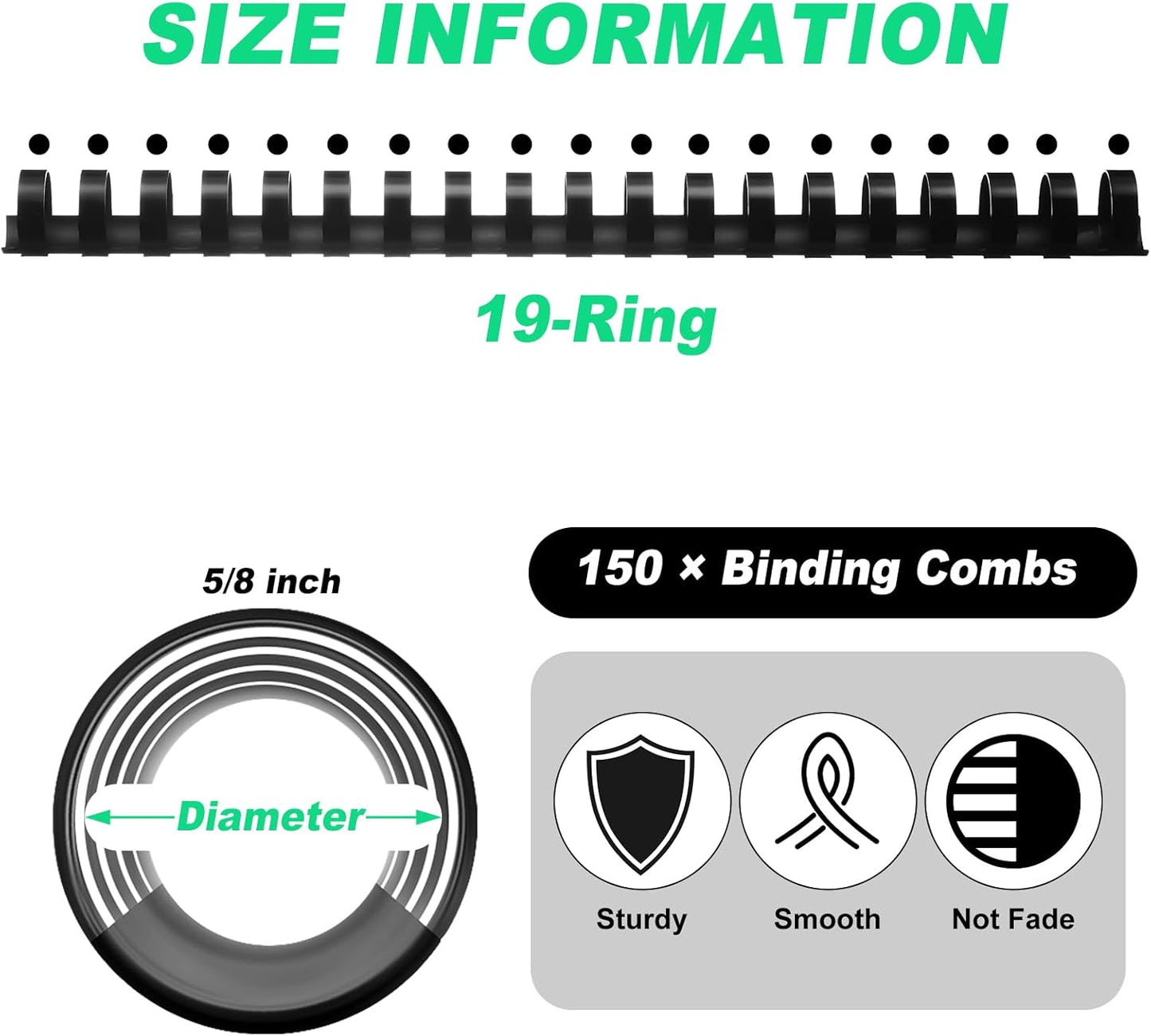 Yunsailing 150 Pack Plastic Binding Combs Plastic Binder Comb Ring 19 Ring Binding Spines Letter Size Spiral coils for Notebook Calendar(5/8 in,Black)