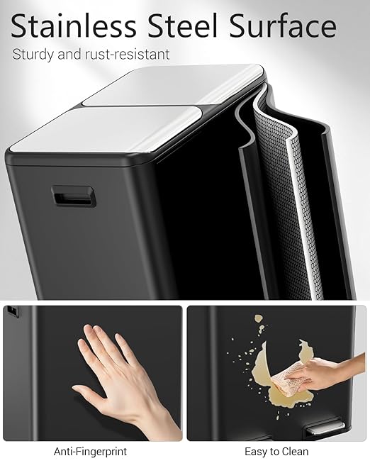 TLSUNNY Kitchen Dual Trash Can, 60L Hands-Free Stainless Steel Garbage Can, Classified Rubbish Bin with Double Compartments, Soft-Close Lid, Inner Bucket, Odor Control (60L) (Black)