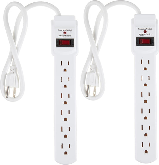 Amazon Basics Surge Protector Power Strip, 6-Outlet with 200J Protection, 2ft Extension Cord, Rectangle, White (2 Pack)