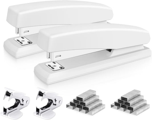 Deli Stapler, Desktop Stapler, 2 Pack, Office Stapler, 25 Sheet Capacity, Includes 2000 Staples and 2 Staple Removers, 2 Pack, White