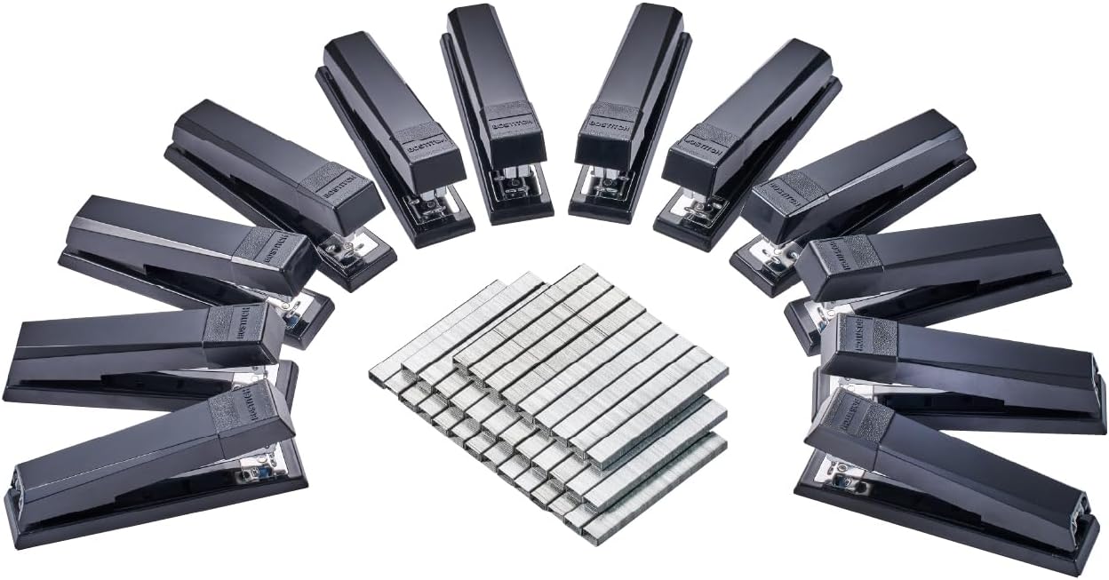 Bostitch Office Stapler, No-Jam Premium for Desktop, Includes 1,250 Staples, Full-Strip, 25 Sheet Capacity, Black, Pack of 12