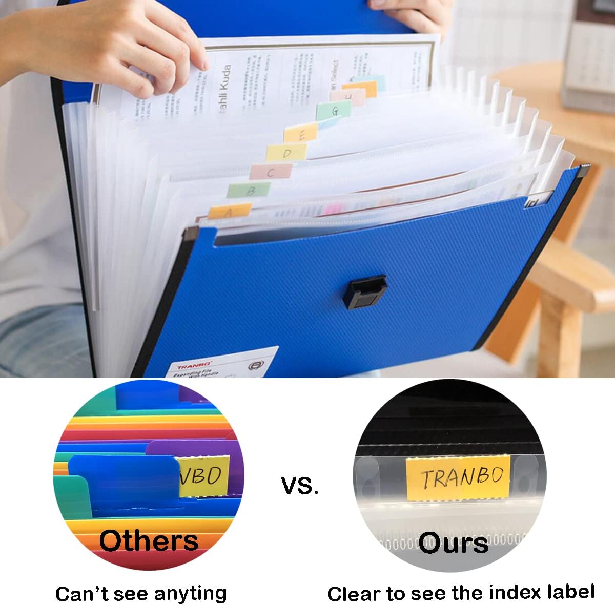 Extra Large Legal Size/Foolscap 12 Pockets Accordion File Organizer with Handle, TRANBO Portable Expanding File Folder, Expandable Plastic Document Organizer for Travel School Office - Blue