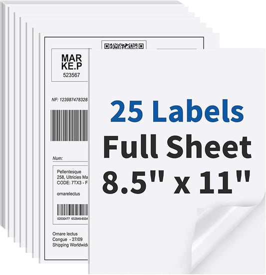 25 Sheets Sticker Paper Matte White, 8.5" x 11" Label Paper for Laser & Inkjet Printer, Full Sheet Label for Shipping Address Mailing