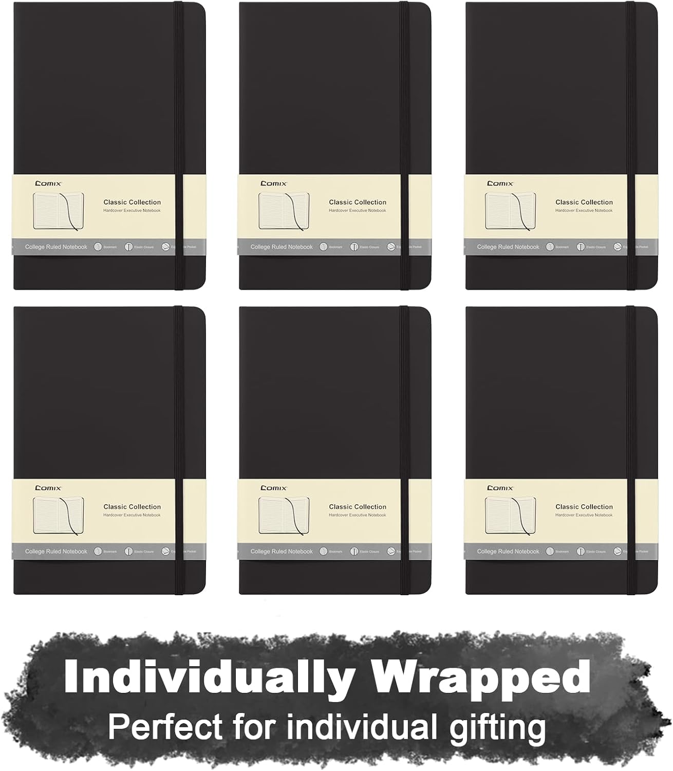 Comix 6 Pack Lined Journal Notebooks for Work, 240 Pages, 5.5"x8.3", Black, Hardcover, A5 Medium College Ruled, Journaling Notebooks for Notes-taking, Fits for Office School Home