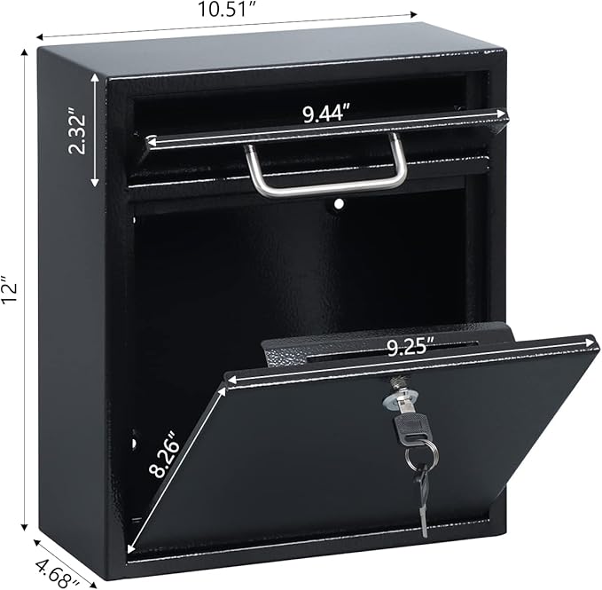 xydled Steel Mailbox Wall Mount, Medium Locking Mailbox with Key Lock, Lock Mail Boxes for Outside, Security Key Drop Box, Collection Boxes, 13.4H x 11.6L x 5.6W Inches, Black, Large