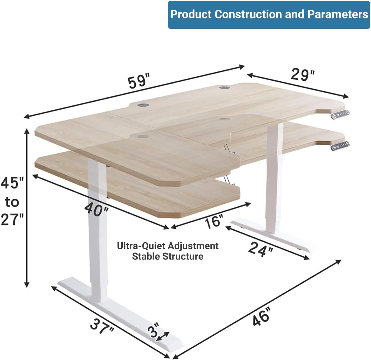 Electric Height Adjustable Standing Desk, Sit - Stand Desk for Work or Home Office Push Button Memory Settings Splice Board (Light Oak, 59x24)