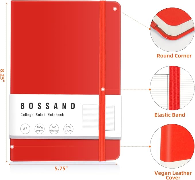 BOSSAND College Ruled Notebooks, 6 Pack A5 Lined Journal Notebooks, 200 Pages 100 GSM Thick Paper, Hardcover, 8.25 inches x 5.75 inches, Red