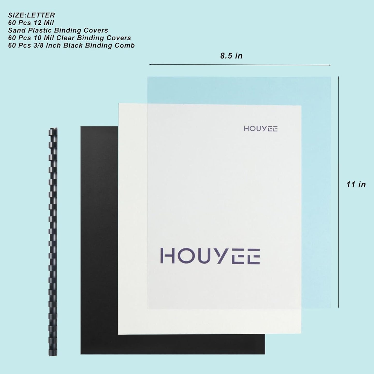 HOUYEE 180 Pack Binding Covers Set: 60 Pcs 3/8 Inch Black Binding Combs, 8.5x11 Inches, 60 Pcs 10 Mil Clear Binding Covers, 60 Pcs 12Mil Black Sand Texture, Letter Size
