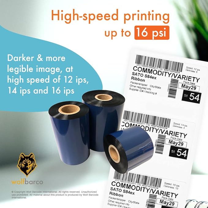 3 Rolls Wolfbarco 2.52" x 1476' (64mm x 450m) Black Premium Resin-Enhanced Wax Thermal Transfer Ribbon Compatible with Zebra,TEC, INTERMEC,Citizen,TSC,GODEX,ARGOX Printers