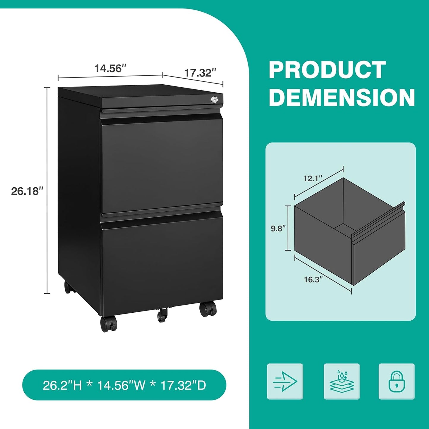 SISESOL 2 Drawer File Cabinet on Wheels,Metal Filing Cabinet with Lock,Black Rolling File Cabinets with Casters,Under Desk Office Cabinets for Home Office,Fit A4/Letter/Legal,Easy Assembly