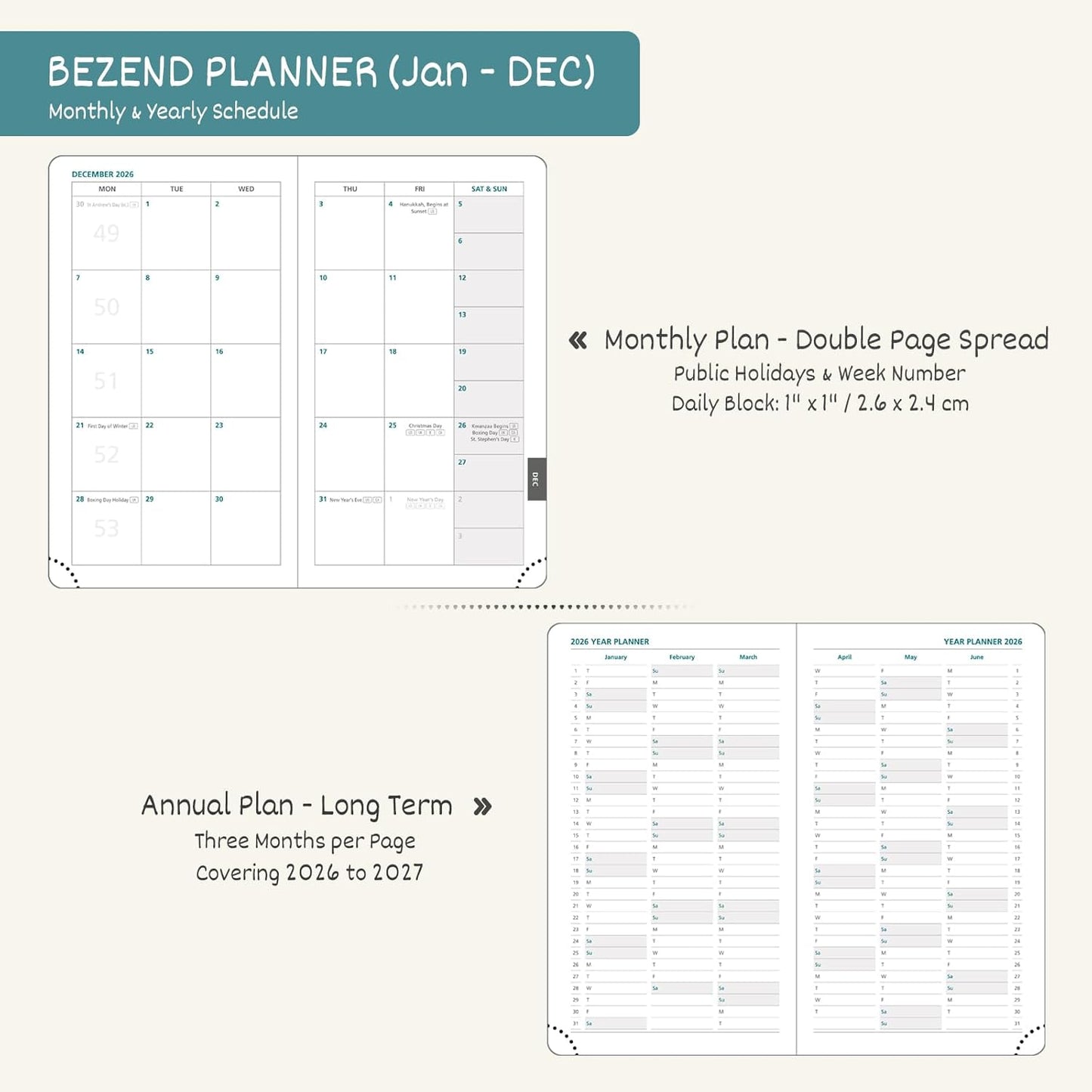 BEZEND Pocket Calendar 2026 Weekly and Monthly (3.5" x 6") Small Daily Planner for Purse (Jan-Dec) with Notes & Expenses, Inner Pocket, Pen Holder, Vegan Leather Hardcover - Blueberry