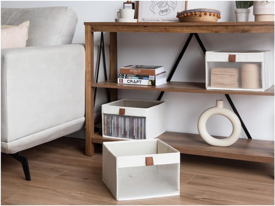 StorageWorks Closet Storage Bins, Storage Baskets with Clear Window and Handles, Foldable Fabric Organizer for Clothes, Shelves, Beige, 3 Pack