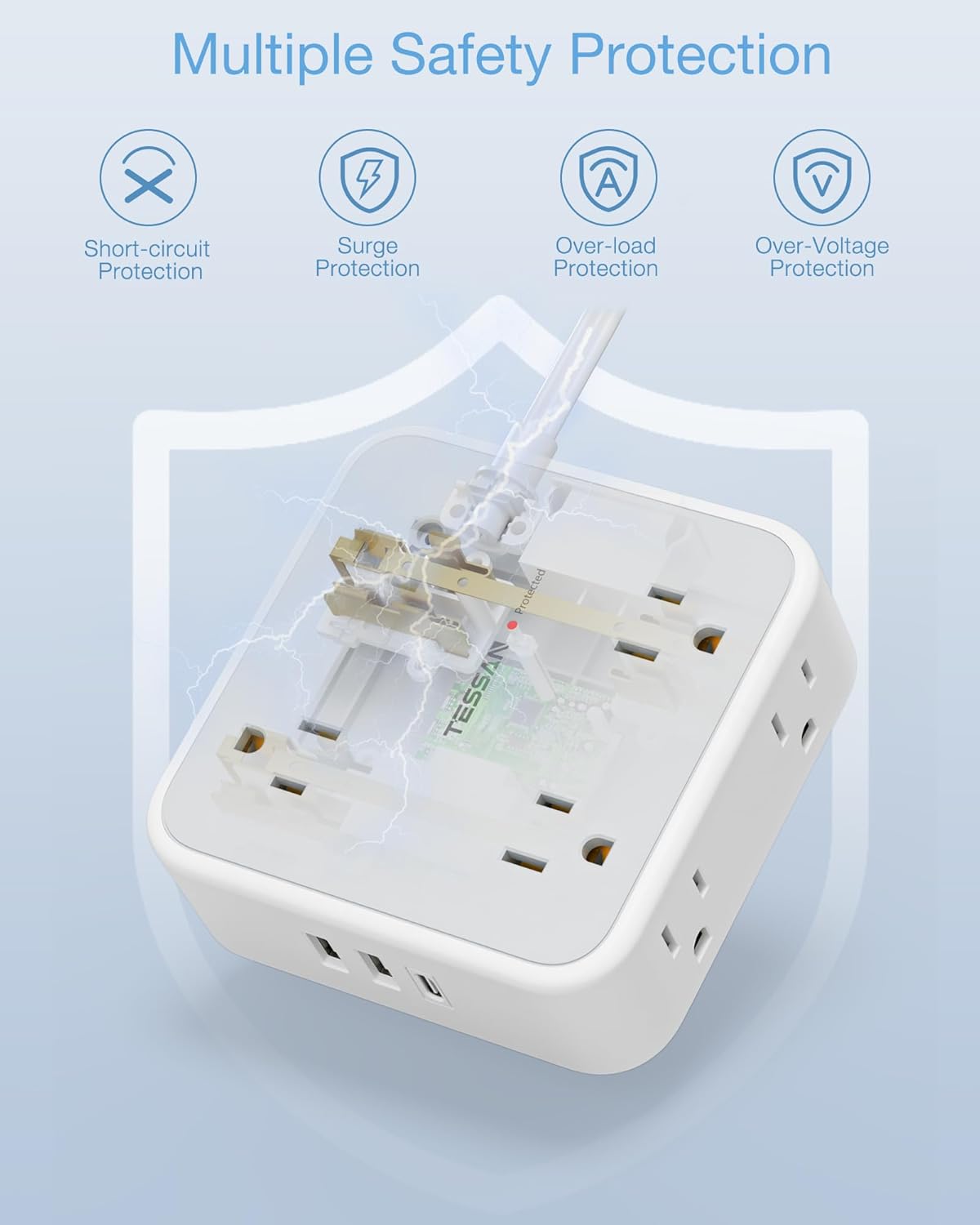 Surge Protector Flat Extension Cord Flat Plug Power Strip, 8 AC Outlets, 3 USB Charger(1 USB C Port) 3-Sided Outlet Extender, 5 Ft, 900 Joules Protection, Office Supplies, Dorm Room Essentials, Grey
