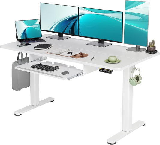 Claiks Standing Desk with Keyboard Tray, Electric Standing Desk Adjustable Height, 55x24 Inches Sit Stand up Desks with Splice Board, Raising Desks for Home Office, White