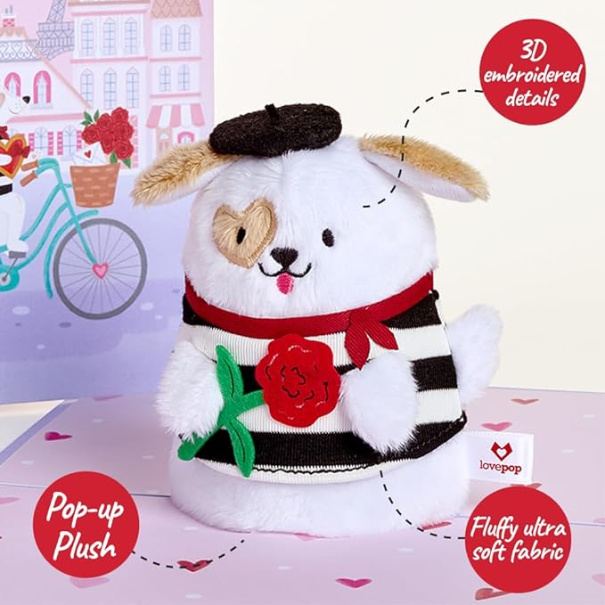 Lovepop Plushpop Soft Animal Pop-Up Card for Her and Him - 3D Greeting Card for Boys, Girls, Men, Women - French Love Dog - 6" x 8" Card