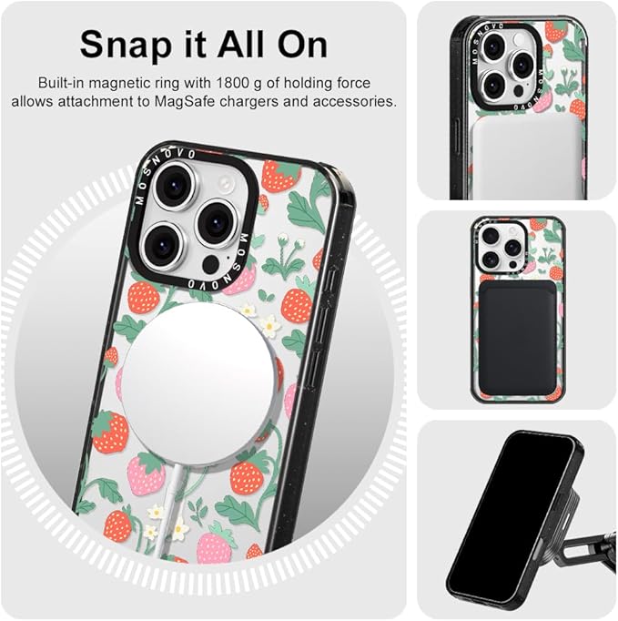 MOSNOVO Magnetic Case for iPhone 16 Pro, 10ft Military-Grade Protection, Compatible with Magsafe, Shockproof Phone Case for iPhone 16 Pro - Strawberry Garden - Clear Black