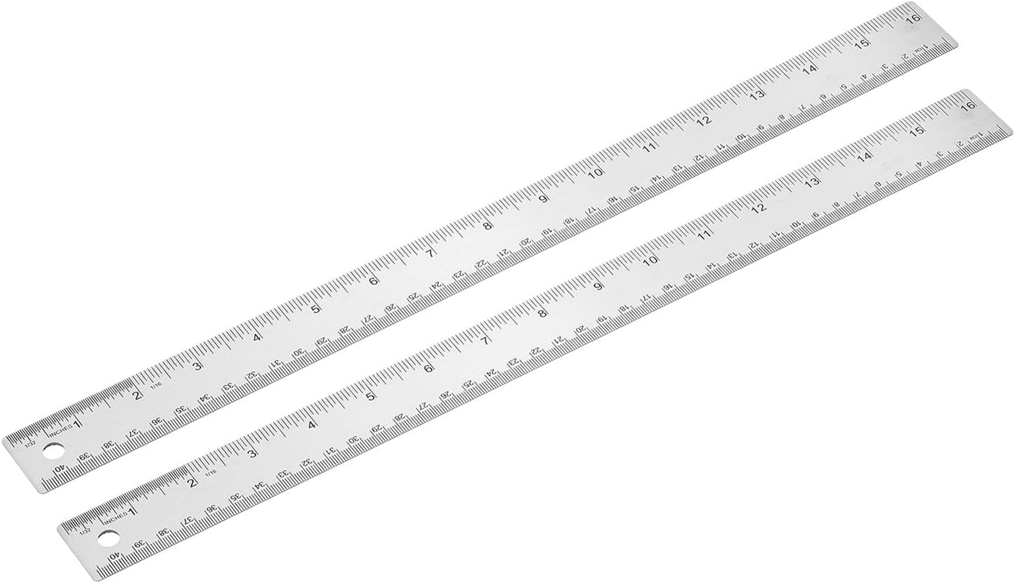 PATIKIL 16 Inch Stainless Steel Ruler Straight Edge Ruler, 2 Pcs Cork Backing Non-Slip Metal Ruler with Inches Centimeter Metric Measuring Tools for Office