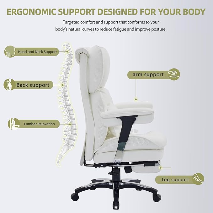 Efomao White Big and Tall Office Chair with Footrest – Ergonomic High-Back Computer Chair with Adjustable Armrests, Wide Seat – Modern Home Office, Gaming & Study Chair for Young Professionals