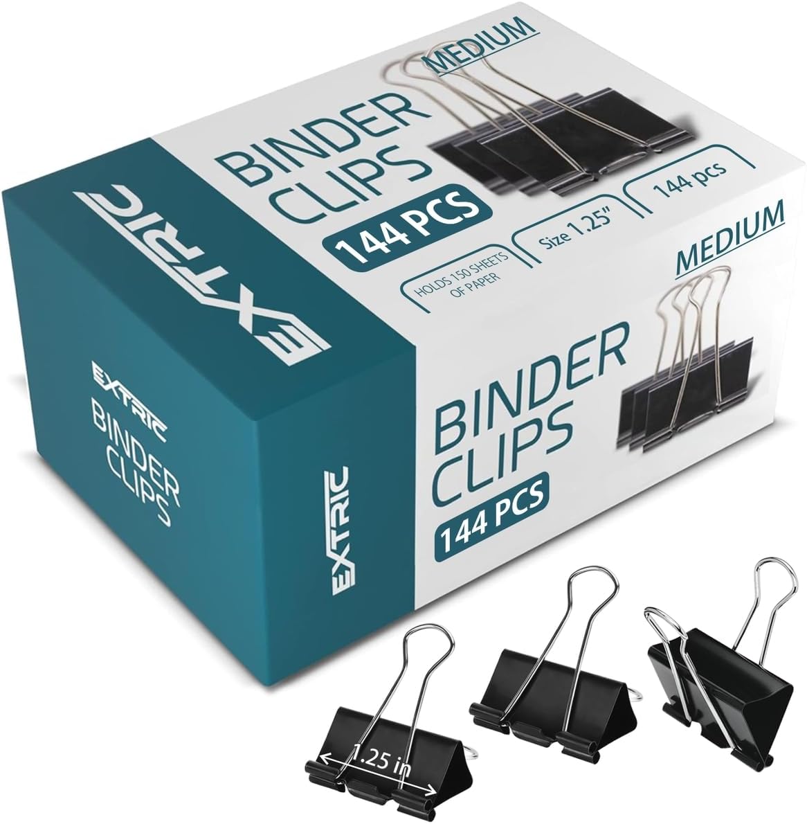 Binder Clips - 144 Medium Binder Clips, 1.25 Inch Black Paper Clamps, File Clip for Home, Office and School Supplies