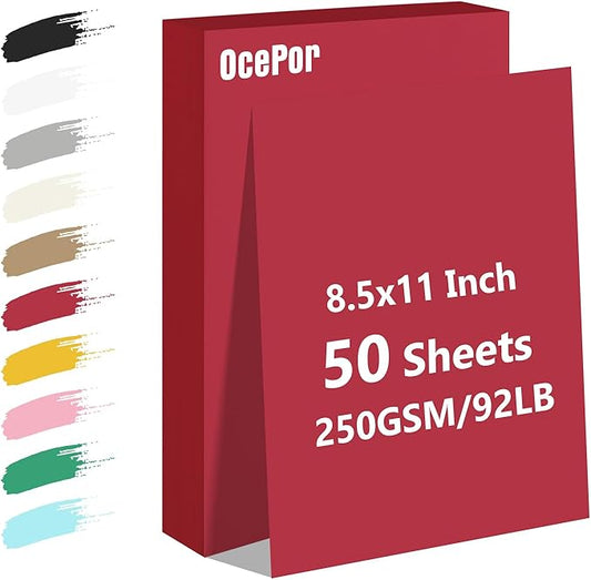 OcePor 50 Sheets Valentine's Day Red Cardstock Paper, Colored Printer Paper 8.5 x 11, Card Stock Thick Construction for Craft,Scrapbook，Office Printing, Invitations, Certificates，92 lb/250gsm