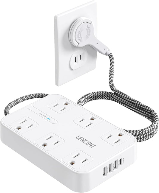 LENCENT 2 Prong Power Strip, 3 to 2 Prong Outlet Adapter, 1050J Surge Protector, 6ft Braided Extension Cord with Thin Flat Polarized Plug, 6 AC & 4 USB (1 Type-C), Wall Mount for Non-Grounded Outlet