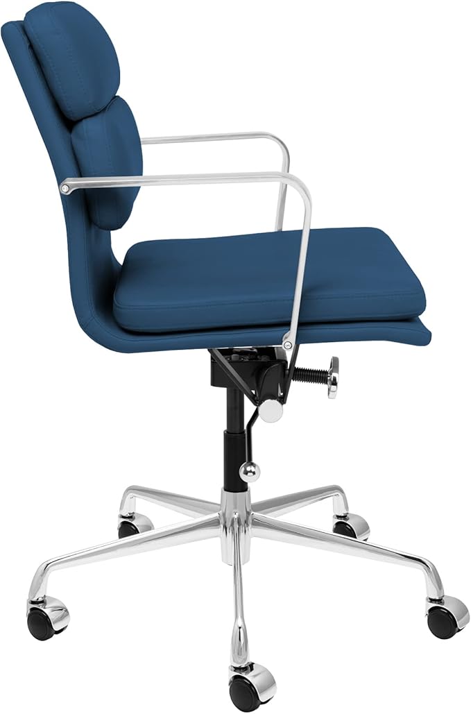 Laura Davidson Furniture SOHO II Padded Management Office Chair - Mid Back Desk Chair with Arm Rest, Swivel & Cushion Availability, Made of Faux Leather, Blue, Computer Chair