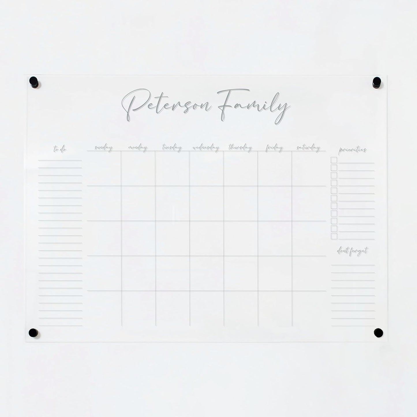 Personalized Clear Acrylic Calendar for Wall, Calendar Whiteboard for Wall, Dry Erase Wall Calendar, Wall Calendar Organizer System for Home (Cursive, Grey, 31"W x 23"H)