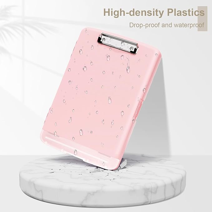 Piasoenc Clipboard with Storage, 8.5 x 11 Organization Box with Pen Holder and A4 Legal Paper Folder, Heavy Duty Plastic, Folio & Side-Opening, Low Profile Clip for Nurses, Teachers, Pink