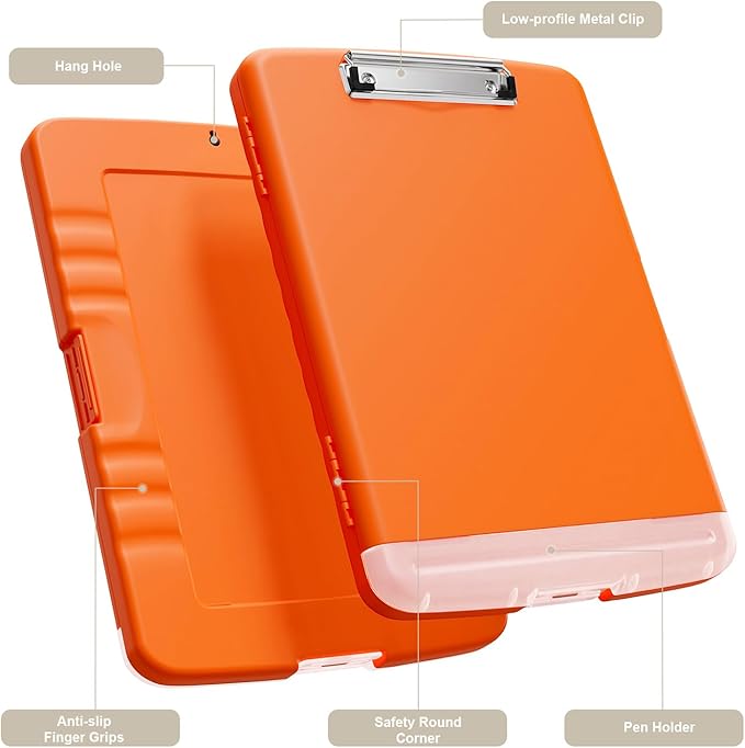 Piasoenc Clipboard with Storage, 8.5 x 11 Organization Box with Pen Holder and A4 Legal Paper Folder, Heavy Duty Plastic, Folio & Side-Opening, Low Profile Clip, for Nurses, Teachers, Orange