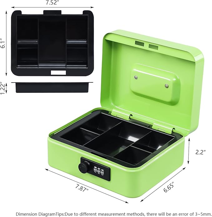 KYODOLED Cash Box with Combination Lock,Safe Metal Box for Money,Storage Lock Box with Money Tray,7.87"x 6.30"x 3.54" Limegreen Medium