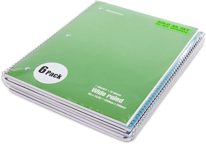 Mintra Office Spiral Notebooks - 1 Subject, 70 Sheets, WIDE Ruled, 8in x 10in, Bulk Pack, Primary Color Covers, Set of 6 - for School, Office, Business, Professional (04656)